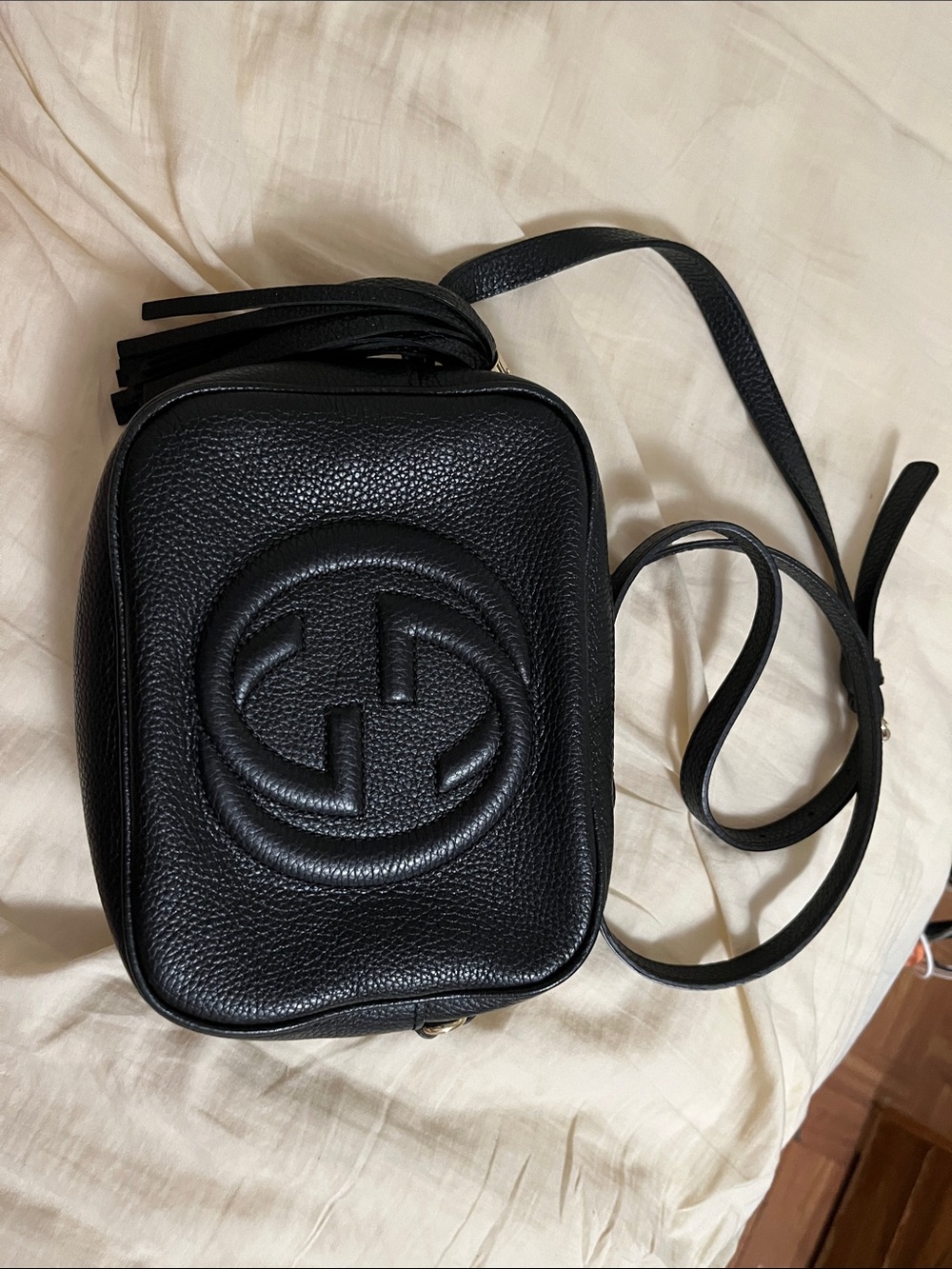Black Pebbled Leather Logo Crossbody Bag with Tassel